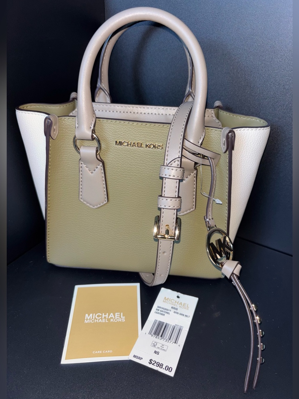 Michael Kors KRIS Small Satchel Crossbody Bag Safari Green Multi Pebbled Leather